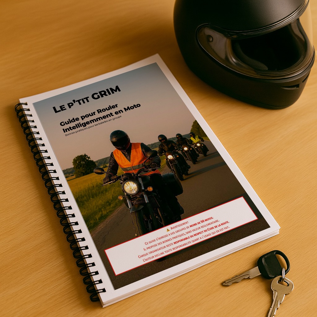 Le P’tit GRIM - Guide relié sur une table avec casque et clés de moto